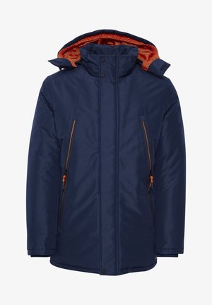 Chaqueta exterior de color azul marino con cremallera frontal, gran cuello y forro naranja. Cuenta con dos bolsillos laterales con cremallera y un tejido duradero.