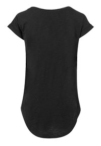 Black short-sleeve shirt with a rounded neckline. Slightly curved hem at the back, made from soft fabric with a smooth texture.