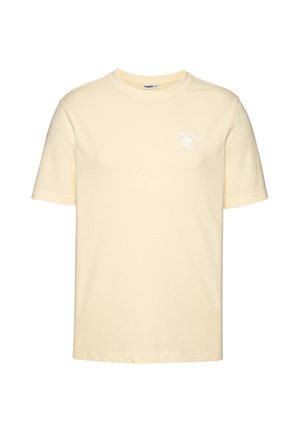Hellbeige Kurzarm-T-Shirt mit Rundhalsausschnitt und kleinem weißem "Surf Oakland"-Logo auf der linken Brust.