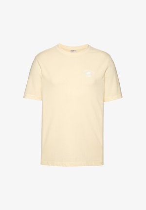 Hellbeige Kurzarm-T-Shirt mit Rundhalsausschnitt und kleinem weißem "Surf Oakland"-Logo auf der linken Brust.