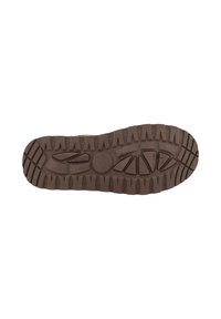 Semelle en caoutchouc brun avec des motifs de bande de roulement multidirectionnels, des bords arrondis et une surface texturée pour l'adhérence et la traction.