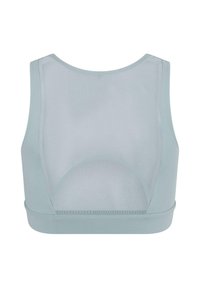 Lichtblauwe sportbeha met een gaasrug, ronde halslijn en brede bandjes. Glad textuur met contrasterende stoffen paneel details.