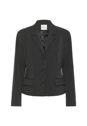 Donkergrijs gepinstripeerd op maat gemaakt blazer met notch-lapels, drie zwarte knopen, klepzakken en een satijnen gevoerde binnenkant.