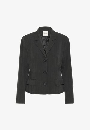 Ciemnoszary blazer w prążki, dopasowany, z wyłogami, trzema czarnymi guzikami, kieszeniami z klapami oraz satynową podszewką.