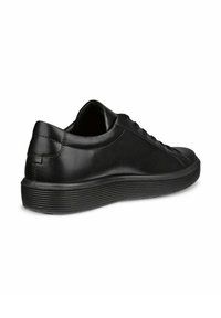 Schwarze Leder-Sneaker mit glatter Oberfläche, runder Zehenpartie und texturiertem schwarzen Außensohle. Verfügt über flache Schnürsenkel und dezente Nähte.