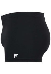 Pantaloni da bagno neri realizzati in tessuto elasticizzato, con vita alta e dettaglio del logo bianco sul lato. Texture liscia senza motivi.