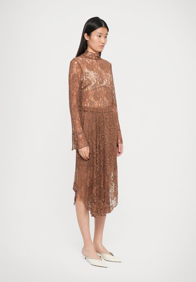 Robe en dentelle marron avec des manches longues et un col haut. La jupe est superposée, avec une finition transparente et des motifs floraux. Assortie à des chaussures de couleur claire.