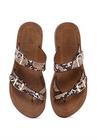 Sandalias de plataforma marrones con un diseño de estampado de serpiente, que cuentan con dos correas ajustables y una plantilla texturizada, realzadas por hebillas metálicas.