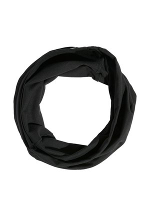 Scaldacollo in tessuto nero ripiegato a forma circolare su sfondo bianco.