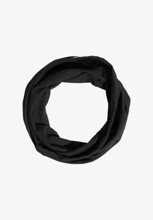 Scaldacollo in tessuto nero ripiegato a forma circolare su sfondo bianco.