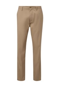 Tan dress pants featuring a flat front, classic straight leg design, woven texture, and a single button closure at the waist.