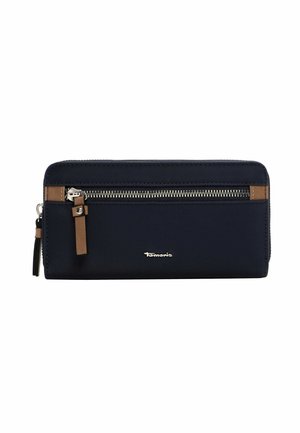 Navy blue wallet with smooth texture, brown leather accents, and a silver zipper. Features a branded logo on the front.