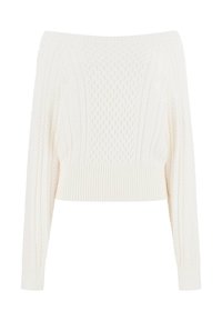 Pull blanc épaules dénudées avec motif torsadé, manches longues et ourlet côtelé. Texture douce et coupe courte, polyvalent pour le superposition.