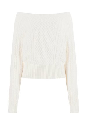 Maglione bianco scivolato sulle spalle con motivo a treccia, maniche lunghe e orlo a coste. Texture morbida e design corto, versatile per stratificare.