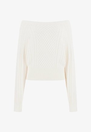 Witte off-shoulder trui met kabelbreipatroon, lange mouwen en geribde zoom. Zachte textuur en cropped ontwerp, veelzijdig voor laagjes.