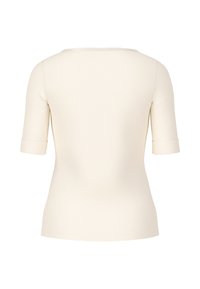Cream-colored fitted top with short sleeves, round neckline, and no visible closures or embellishments. Smooth, stretchy fabric texture.
