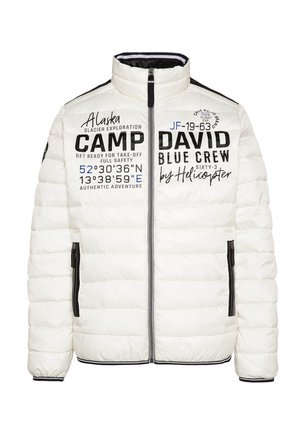 Giacca puffer bianca con motivo trapuntato orizzontale, tasche con zip, colletto alto e grafiche stampate in nero e blu sul davanti.