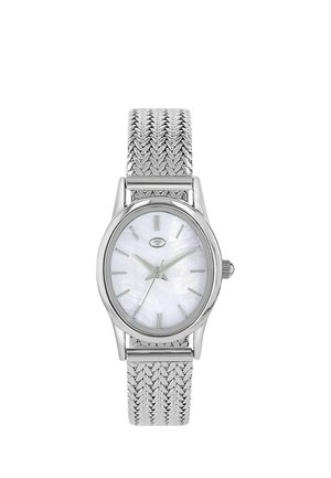 Silver wristwatch with woven metal band, oval mother-of-pearl dial, and simple silver hour markers and hands.