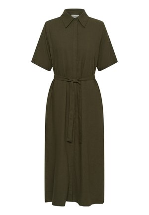 Dunkelolivgrünes Midi-Hemdkleid mit kurzen Ärmeln, spitzem Kragen, Knöpfen vorne und gebundenem Taillengürtel.