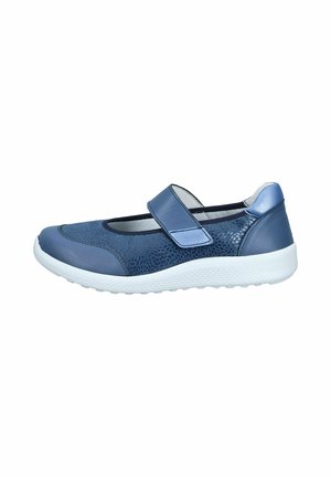 Blauer Mary-Jane-Schuh mit gemusterten Seiten, Klettverschluss und weißer, strukturierter Sohle, entworfen für den Freizeitgebrauch.