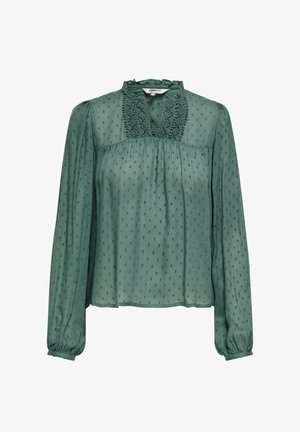 Green sheer long-sleeve blouse with dotted texture, lace-trimmed V-neck, gathered details, and subtle ruffle collar.