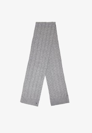 Écharpe grise en tricot avec motif torsadé texturé, extrémités côtelées et détail de logo subtil. Sa longueur permet un style polyvalent.