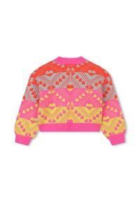 Haaktrui met een cropped ontwerp. Heeft helderroze, oranje, grijze en gele kleuren. Patronen van harten en geometrische vormen overal.