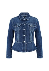 Denim jacket met een getailleerde pasvorm, donkerblauwe kleur, knoopsluiting aan de voorkant, spitse kraag en twee borstzakken met kleppen.