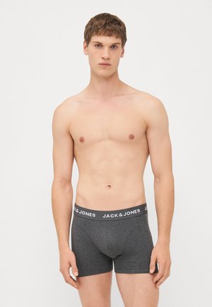 Dunkelgraue Boxershorts aus einem weichen, dehnbaren Stoff mit einem elastischen Bund, auf dem der Markenname "JACK & JONES" in Weiß abgedruckt ist.