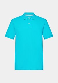 Polo turquoise en coton, doté d'un col classique, de manches courtes, et d'une patte à trois boutons. Texture lisse sans motifs.