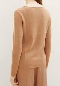 Brauner Strickpullover mit lockerem Sitz, langen Ärmeln und weitem Rundhalsausschnitt. Glatte Textur und schlichtes Design, von hinten betrachtet.