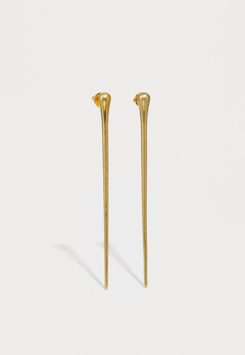 Pendientes de metal en tono dorado con un diseño alargado, afinado y extremos puntiagudos, que presentan una superficie elegante y pequeños cierres redondeados en la parte posterior.
