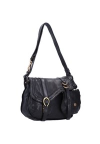 Borsa a spalla in pelle nera con patta arcuata, dettagli in ottone, tracolla regolabile e finiture testurizzate sul corpo.