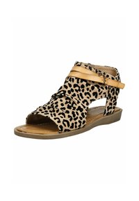 Sandal s leopardím potiskem, otevřenou špičkou, měkkým textilním svrškem, dvojitými pásky a nízkým wedge podpatkem s béžovým koženým akcentem.