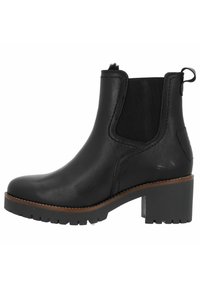 Bottines noires en cuir avec un talon carré, des panneaux latéraux élastiques et une languette. Comprend des semelles texturées pour l'adhérence et des détails cousus.
