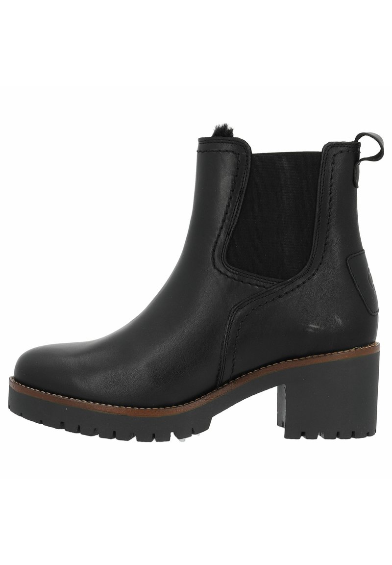 Bottines noires en cuir avec un talon carré, des panneaux latéraux élastiques et une languette. Comprend des semelles texturées pour l'adhérence et des détails cousus.
