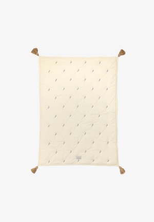 Quilted cream blanket with blue embroidery, featuring decorative tassels at corners and a cotton texture. Measures approximately 120x90 cm.