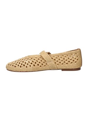 Beige woven flat shoe with a strap across the top and a low heel, featuring an open lattice design for breathability.