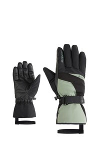 Gants de jardinage noirs et verts avec une finition texturée, présentant un design imperméable, un cordon de serrage au poignet et une sangle de sécurité pour un meilleur ajustement.