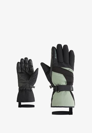 Schwarze und grüne Outdoor-Handschuhe mit strukturiertem Finish, wasserdichtem Design, Handgelenkzug und sicherem Riemen für eine verbesserte Passform.