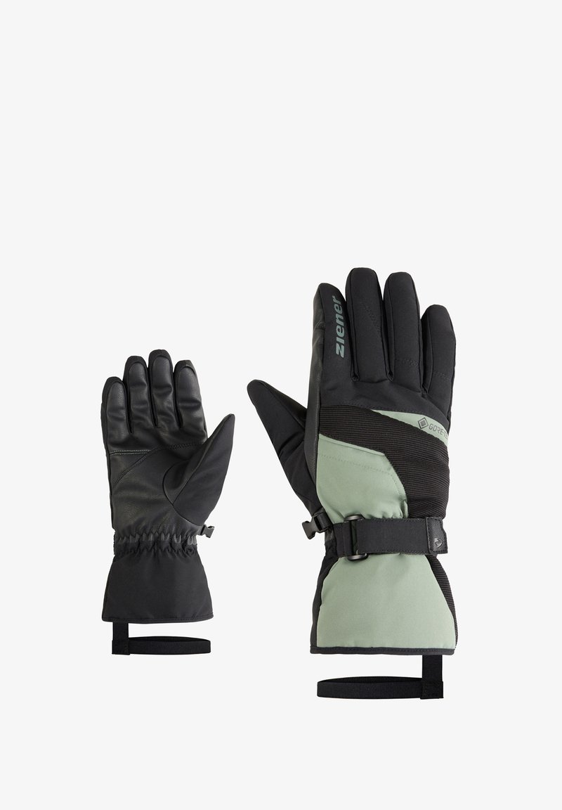 Schwarze und grüne Outdoor-Handschuhe mit strukturiertem Finish, wasserdichtem Design, Handgelenkzug und sicherem Riemen für eine verbesserte Passform.