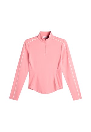 Damen-Langarm-Trainingsoberteil in Pink mit Viertel-Reißverschluss, weißen Paspeln an Ärmeln und Schultern sowie dezentem Logo nahe dem linken Saum.