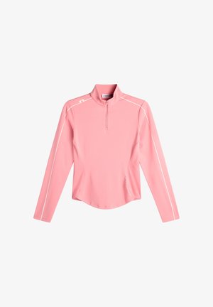 Damen-Langarm-Trainingsoberteil in Pink mit Viertel-Reißverschluss, weißen Paspeln an Ärmeln und Schultern sowie dezentem Logo nahe dem linken Saum.