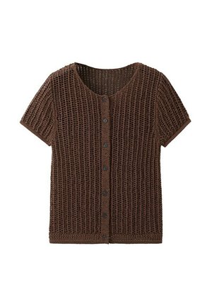 Cardigan maro cu mâneci scurte, tricotat, cu guler rotund și închidere frontală cu nasturi, având un model texturat cu țesătură deschisă.