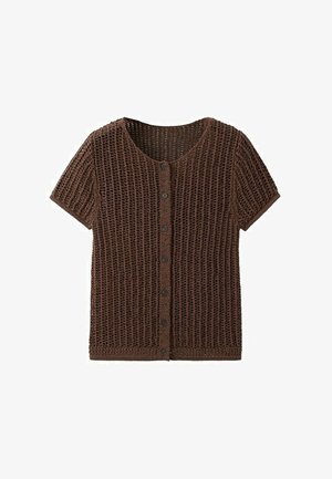 Brown short-sleeve knitted cardigan with a round neckline and front button closure, featuring a textured open-weave pattern.