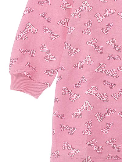 Pink sweatshirt featuring repeated "Barbie" logo in white cursive, with ribbed cuffs and a smooth texture. Regular fit and casual design.
