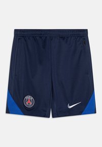 Pantaloni sportivi navy con finitura testurizzata, caratterizzati da un accento blu sul lato, logo del Paris Saint-Germain e un logo Nike argentato.