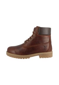 Brun læder snørebånd ankelstøvle med polstret mørkebrun krave og robust beige sål, set fra siden på hvid baggrund.