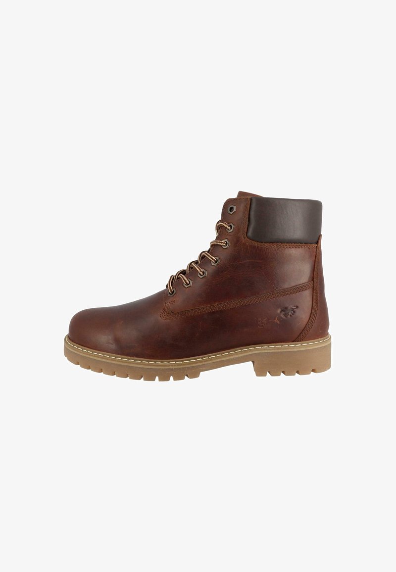 Brun læder snørebånd ankelstøvle med polstret mørkebrun krave og robust beige sål, set fra siden på hvid baggrund.