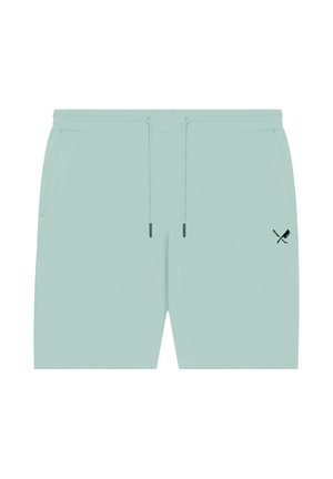 Light blue casual shorts with drawstring waist, side pockets, and small crossed bat and paddle logo on left thigh.